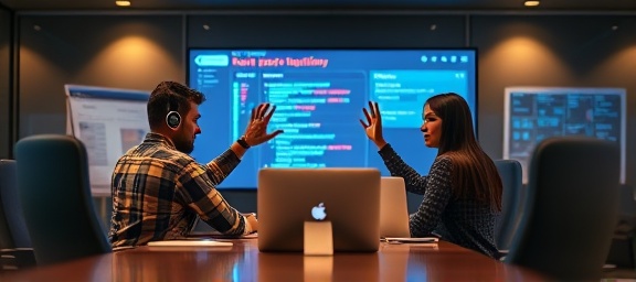 helpdesk team, problem-solving, collaborating on a complex issue, photorealistic, boardroom setting with digital screens and whiteboards, highly detailed, animated team gestures, high dynamic range, warm and cool tones, concentrated artificial lighting, shot with a 24mm lens.