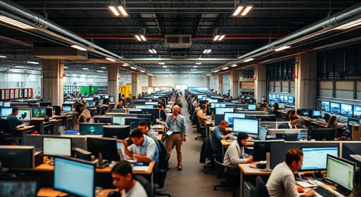 noisy helpdesk office, bustling, managing high-volume traffic, photorealistic, spacious industrial style with high ceilings and creative lighting, highly detailed, chaotic movement rendering, large format clarity, vibrant colors, mixed lighting from fixtures, shot with a tilt-shift lens.