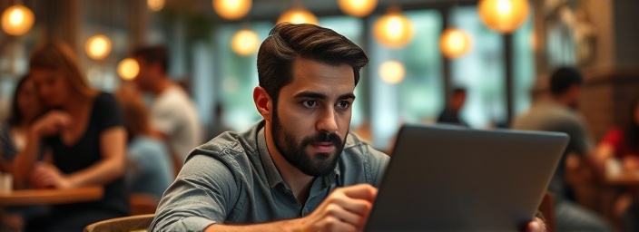 dynamic FAQs questions, focused expression, exploring a website, photorealistic, bustling cafe ambiance, highly detailed, animated interface elements, UHD resolution, neutral colors, diffused lighting, shot with a 35mm lens.