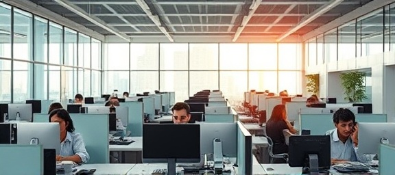 busy helpdesk office, filled with activity, handling multiple calls, photorealistic, modern glass building interior with cubicles and large windows, highly detailed, natural light streaming in, micro-contrast details, bright colors, diffused daylight, shot with a wide-angle lens.