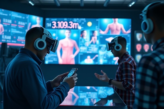 efficient innovation, creative thinkers, designing apps, photorealistic, a studio filled with interactive screens and 3D models, highly detailed, virtual interaction effects, 8K resolution, vibrant and bold colors, ambient spotlight, shot with a 55mm lens.