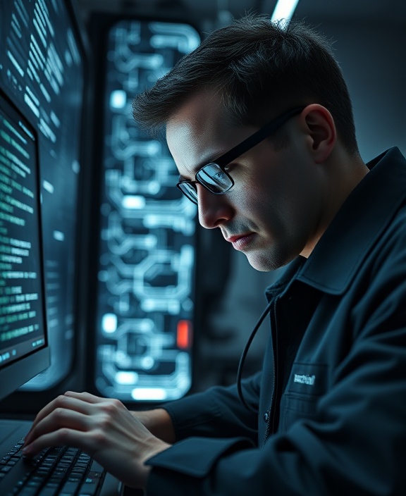 meticulous IT proficiency, concentrated, optimizing a security framework, photorealistic, in an advanced cyber lab with holographic interfaces, highly detailed, glowing encryption patterns, high clarity, monochromatic palette, subdued soft lighting, shot with a 24mm wide-angle lens.