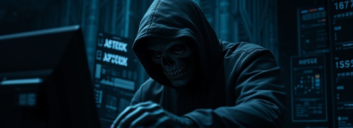 ominous cybersecurity threat, stealthy, probing system vulnerabilities, photorealistic, dark digital underworld with hacking attempts, highly detailed, shimmering anomalies, noise reduction, shadowy grey and black, ambient darkness with occasional flickers, shot with a telephoto lens.