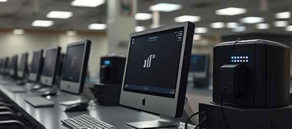 efficient helpdesk computer, stand-by mode, waiting for a query, photorealistic, amidst identical setup stations with uniform décor, highly detailed, softly pulsating LED indicators, full-frame sharpness, matte black and silver, ambient backlight, shot with a macro lens.