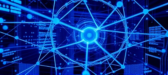complex network architecture, interconnected, synthesizing, photorealistic, virtual grid with nodes and connections, highly detailed, flowing data streams, HDR, neon blue, soft ethereal lighting, shot with a wide-angle lens.