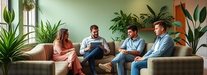 calm helpdesk team, debriefing, reviewing goals, photorealistic, cozy break area with comfortable couches and houseplants, highly detailed, casual attire and relaxed postures, wide aperture clarity, earthy green tones, natural daylight filtering, shot with a 28mm lens.