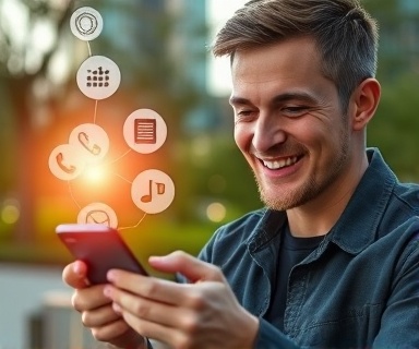insightful FAQs answers, satisfied expression, using a smartphone, photorealistic, urban park setting, highly detailed, interactive icons floating, high-definition resolution, vibrant colors, golden hour lighting, shot with a macro lens.