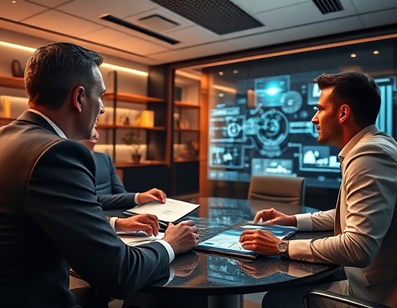 tech solutions, passionate consultants, strategizing solutions, photorealistic, a conference room with holographic displays and digital documents, highly detailed, dynamic discussion and analysis, ultra-high definition, warm and cool tones, direct overhead lighting, shot with a 24-70mm lens.