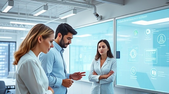efficient innovation, focused engineers, collaborating on project, photorealistic, a modern office with interactive whiteboards and holographic displays, highly detailed, dynamic interaction and brainstorming, 300 dpi, white and green accents, bright fluorescent lighting, shot with a 24mm wide-angle lens.