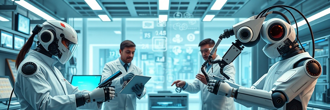 efficient technology, enthusiastic researchers, testing devices, photorealistic, a futuristic lab with robotic arms and digital schematics floating, highly detailed, robotic movement and interaction, 300 dpi, transparent and neon hues, soft background lighting, shot with a 50mm prime lens.