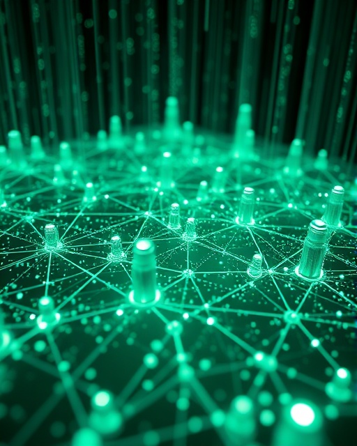 abstract cybersecurity network, interconnected, analyzing digital streams, photorealistic, virtual landscape of binary codes and data streams, highly detailed, pulsating lights, high resolution, emerald green and silver, backlit with a soft glow, shot with a macro lens.