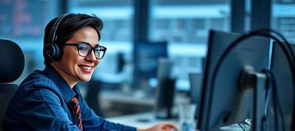 focused helpdesk agent, smiling, talking on a headset, photorealistic, individual workstation cluttered with tech gadgets, highly detailed, subtle reflections off screen and glasses, crisp focus, navy blue, soft desk lamp lighting, shot with a 35mm lens.