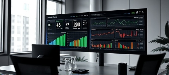responsive management dashboard, efficient, monitoring, photorealistic, executive office with dual screens, highly detailed, with KPIs and timelines visible, 4k resolution, monochrome with colorful accents, natural daylight from windows, shot with a 85mm lens.