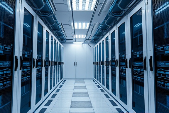 secure network infrastructure, reliable, transmitting, photorealistic, fortified server room interior, highly detailed, secure housing units and encrypted panels, 4k resolution, cool white and metallic hues, fluorescent lighting, shot with a 35mm lens.