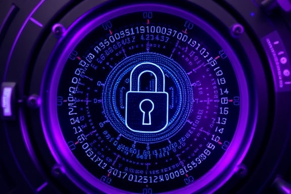 complex cybersecurity encryption, intricate, securing sensitive data, photorealistic, inside a digital vault with lock algorithms, highly detailed, swirling encryption codes, sharp focus, deep purple, studio lighting, shot with a 85mm lens.
