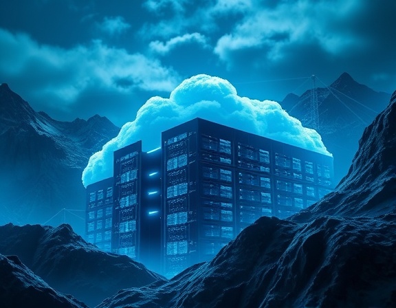 impenetrable cloud security, vigilant and robust, monitoring cyber threats, photorealistic, futuristic data center surrounded by mountains, highly detailed, layers of encryption displayed visually, 4K resolution, deep blacks and electric blues, spotlight effect lighting, shot with a macro lens