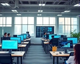seamless management software, user-friendly, syncing, photorealistic, contemporary office space filled with technology, highly detailed, visible analytics and team collaboration interfaces, 8k resolution, pastel colors, soft reflected lighting, shot with a zoom lens.
