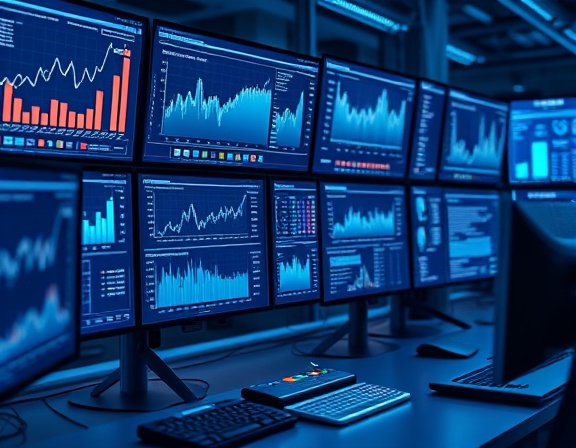innovative management software, intuitive, analyzing, photorealistic, digital workspace with monitors displaying data, highly detailed, graphical interfaces with graphs, 8k resolution, blue and silver tones, ambient screen lighting, shot with a macro lens.