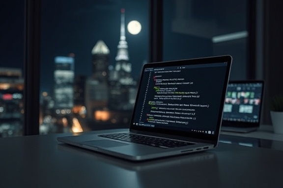 advanced helpdesk laptop, executing a script, automating tasks, photorealistic, serene night office with city skyline view through a window, highly detailed, low depth of field, native resolution, cool gray tones, moonlight illumination, shot with a 70mm lens.