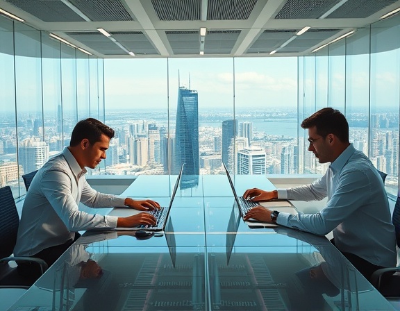 tech solutions, innovative developers, working in sync, photorealistic, a spacious co-working space with panoramic city views and digital tables, highly detailed, collaboration and teamwork, 5K resolution, pastel and metallic colors, natural daylight, shot with a 18mm lens.