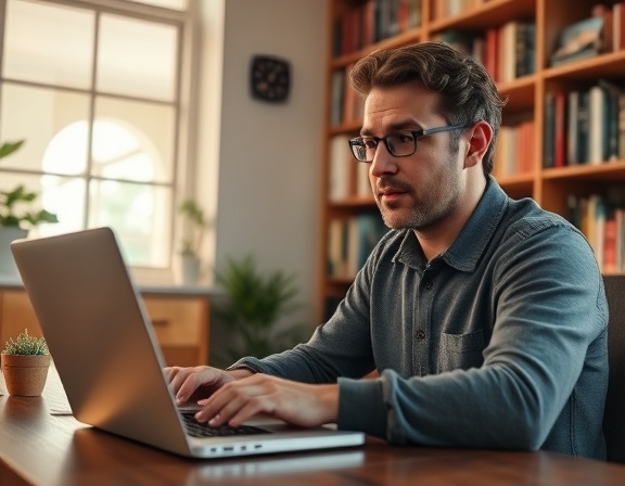 informative FAQs help, thoughtful expression, typing on a laptop, photorealistic, cozy home office with bookshelves, highly detailed, digital graphics overlay, 8k resolution, warm colors, ambient sunlight, shot with a wide-angle lens.