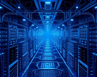 efficient network architecture, scalable, processing, photorealistic, three-dimensional space with layer connectivity, highly detailed, continuous data pathways, UHD resolution, technological blue and gray, focused spotlights, shot with a fisheye lens.