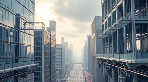 efficient cloud infrastructure, organized and scalable, optimizing resources, photorealistic, bustling urban area with integrated technologies, highly detailed, sleek cables and digital platforms, ultra-high-resolution, neutral grays and silvers, morning glow lighting, shot with a standard lens