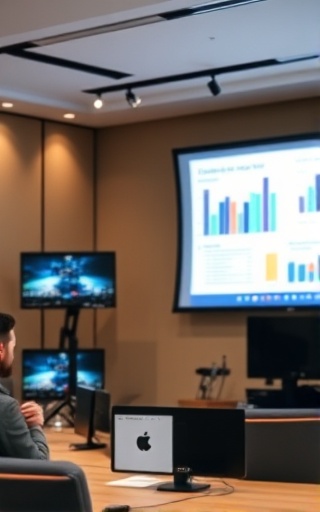 comprehensive consulting solutions, analytical expression, presenting a slide deck, photorealistic, conference room with multimedia setup, highly detailed, animated visuals, 16MP quality, neutral palette, soft spotlight, shot with an 85mm lens.