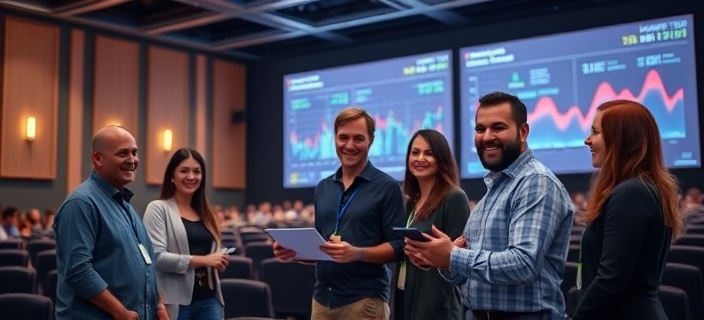 tech solutions, smiling team, presenting project, photorealistic, an auditorium with a large digital screen showing analytics, highly detailed, interactive presentation effects, ultra-high definition, multicolored digital graphics, spotlight lighting, shot with a 70-200mm telephoto lens.