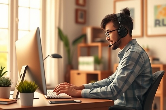 expert IT support, helpful, troubleshooting a computer issue, photorealistic, a cozy home office with personal touches, highly detailed, animated team collaboration, natural sunlight streaming through windows, warm earth tones, soft daylight, shot with an 85mm lens.
