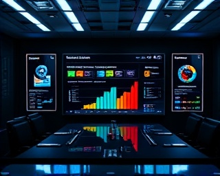 updated management dashboard, interactive, displaying, photorealistic, boardroom setting with smart display, highly detailed, live metrics and data widgets, 4k resolution, dark tones with vivid digital colors, overhead LED lighting, shot with a telephoto lens.