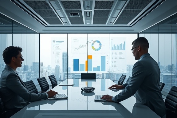 professional IT consulting, insightful, presenting data analysis, photorealistic, a sleek corporate boardroom with a cityscape view, highly detailed, interactive digital charts and graphs, crisp contrast, neutral grays and whites, diffuse overhead lighting, shot with a 35mm lens.