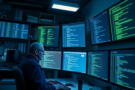 comprehensive IT knowledge, inquisitive, troubleshooting software, photorealistic, a home office filled with multiple screens and reference books, highly detailed, flickering code screens, fine detail fidelity, energetic blues and greens, overhead LED lighting, shot with a 50mm lens.