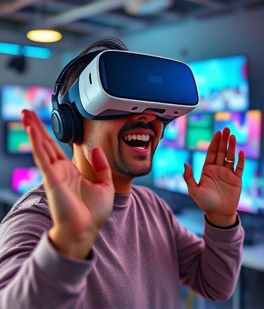 futuristic consulting innovation, excited expression, brainstorming with a VR headset, photorealistic, creative studio with virtual displays, highly detailed, VR and AR elements, 10K resolution, vibrant pastels, LED spotlight, shot with a 28mm lens.