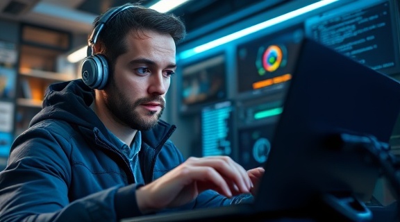 cutting-edge consulting technology, insightful expression, coding on a futuristic device, photorealistic, modern tech hub filled with advanced gadgets, highly detailed, scrolling lines of code, 4K clarity, metallic blues, diffused LED lighting, shot with a macro lens.